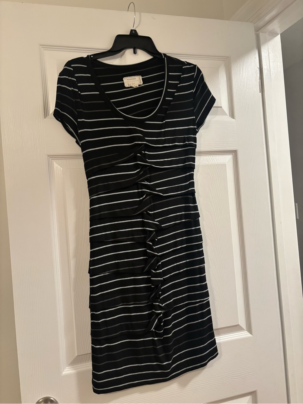 Nicole Miller Black & White Striped Ruffle Front Dress